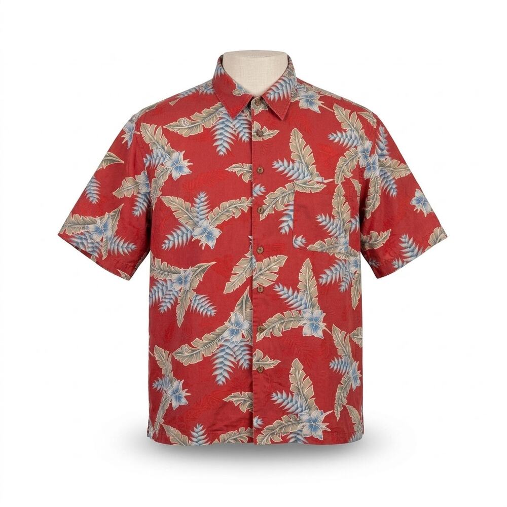 Caribbean Pineapple Silk Hawaiian Shirt Mens 3XLT Red Palm Tropical Aloha Button